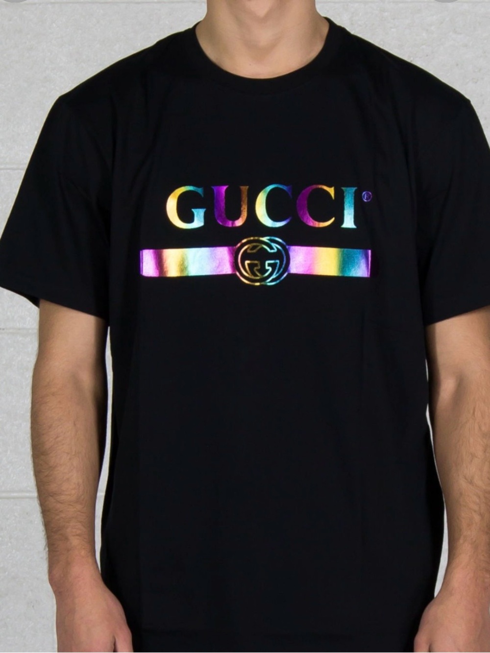 Gucci Black Short Sleeve Tee with Iridescent Rainbow Logo